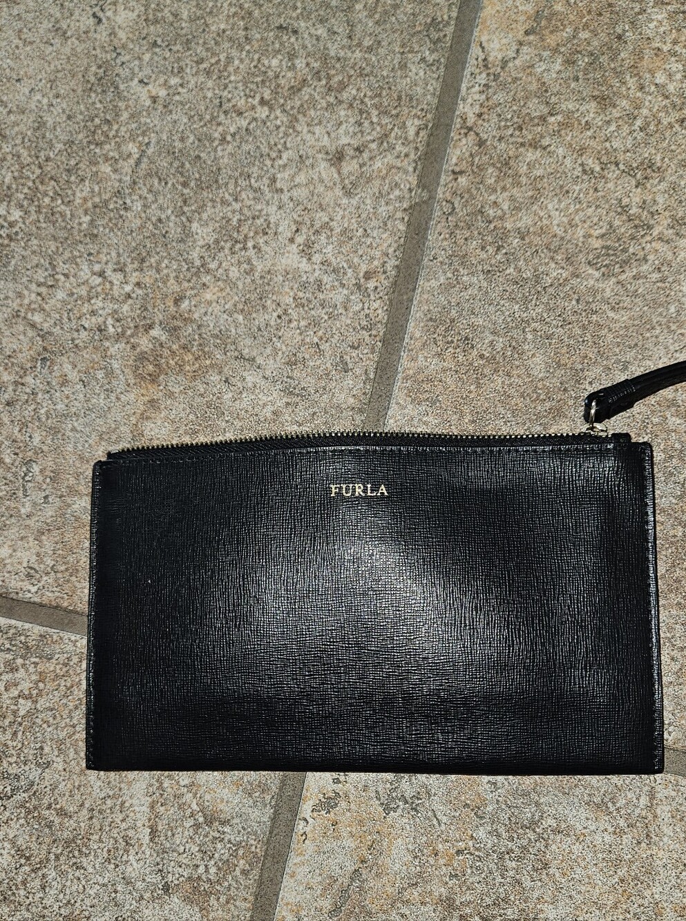 Furla Black Leather XL Wristlet with Gold Logo